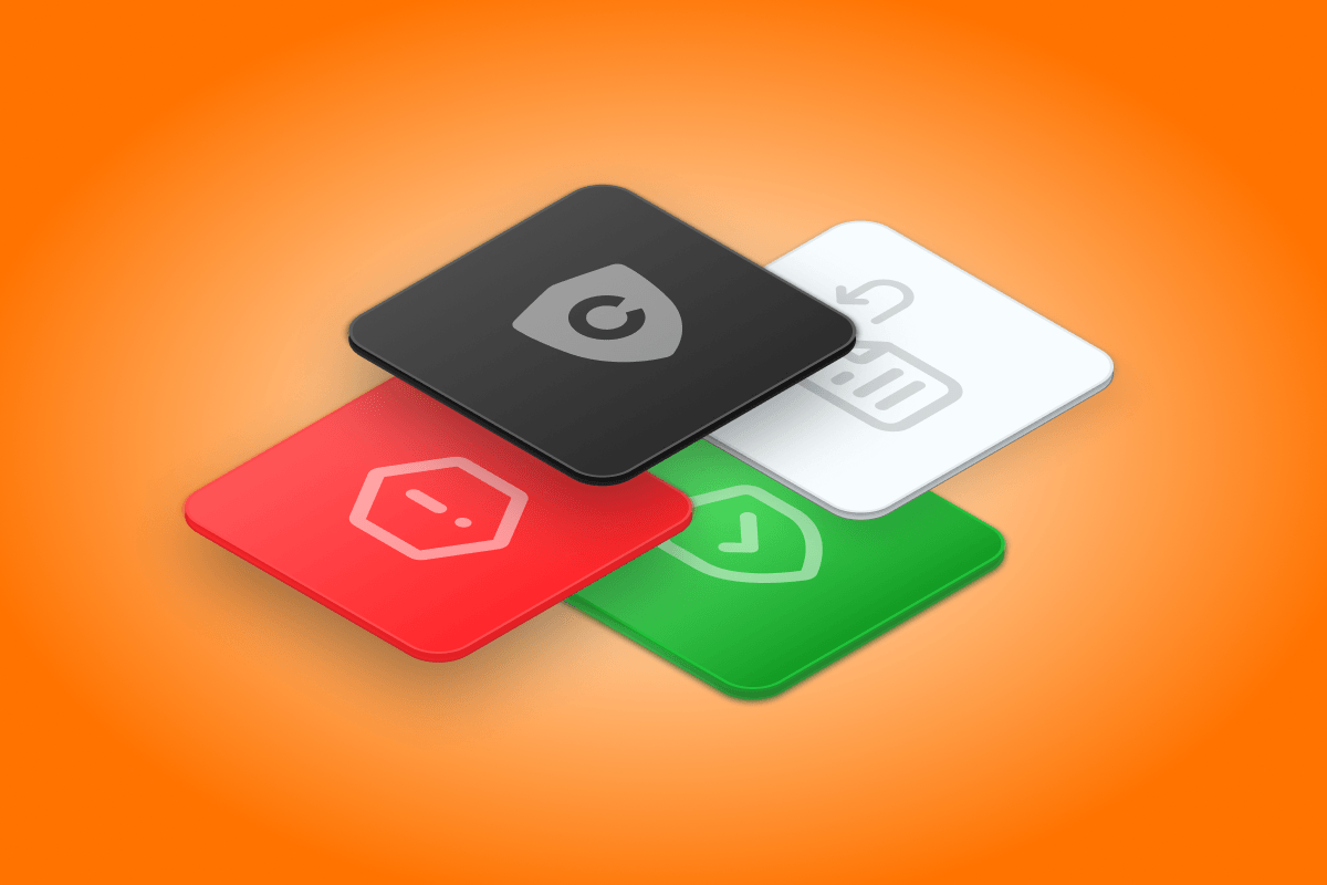 Four overlapping cards with shield, alert, refund, and checkmark icons, representing chargeback prevention and dispute management.