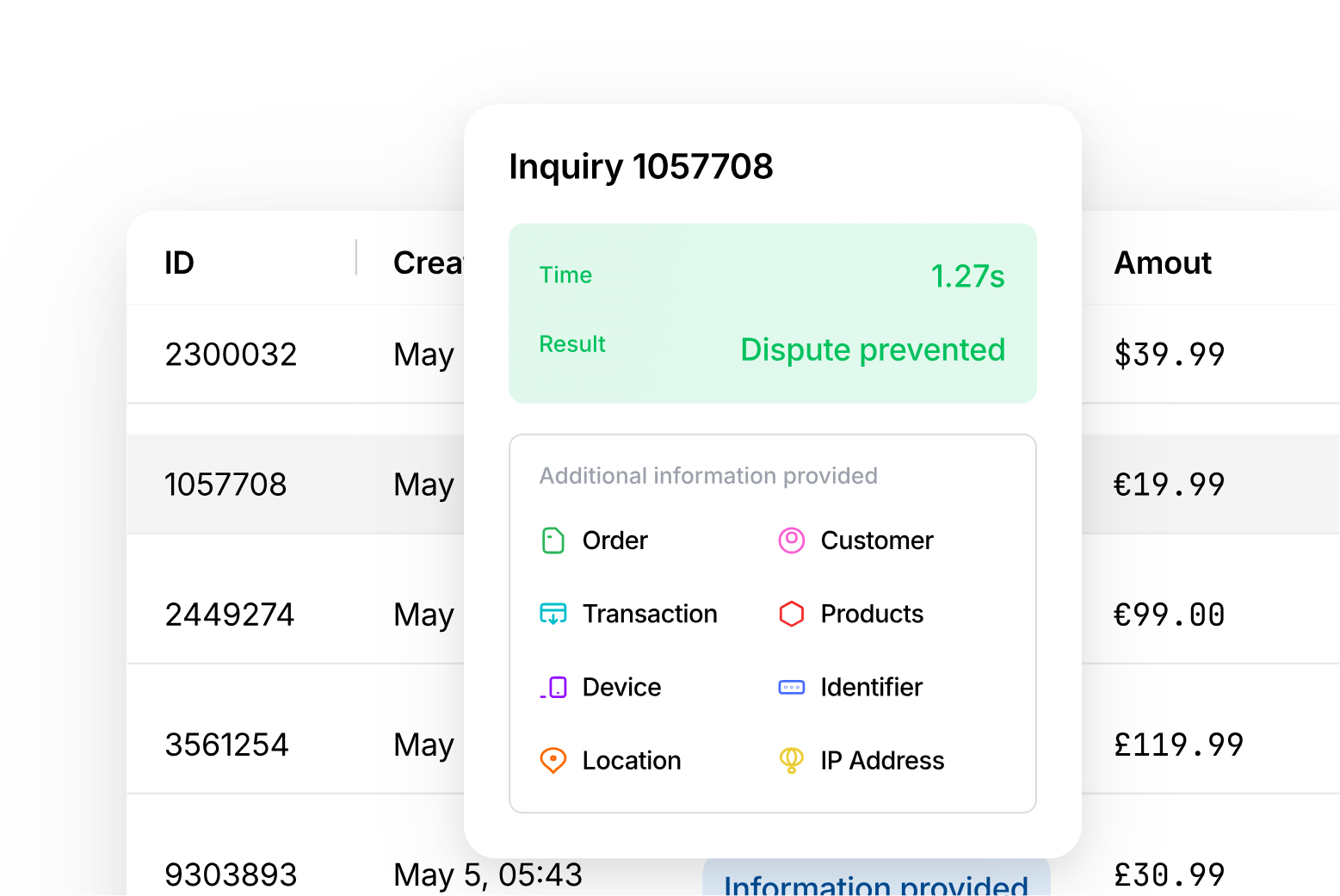 Real-time alert card with dispute preview
