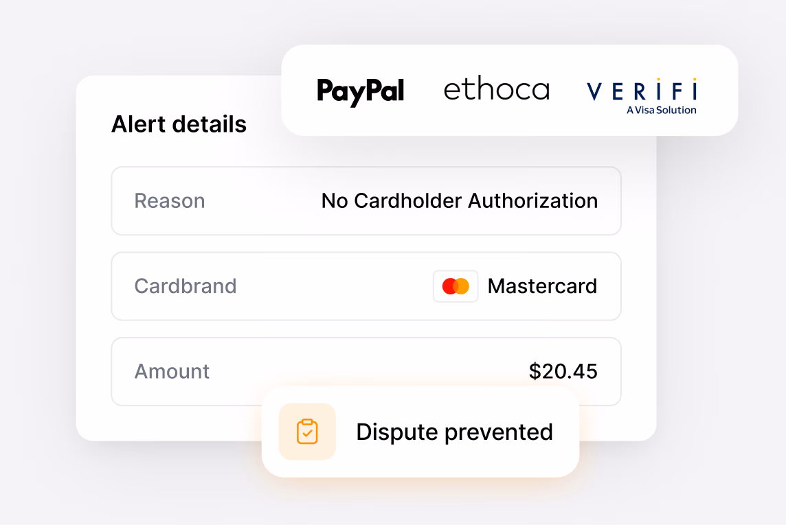 PayPal/Visa alert card with dispute-prevented status